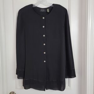 Dana Buchman Black Dress 100% Silk Embellishment Button Front Longsleeve Sz- 10